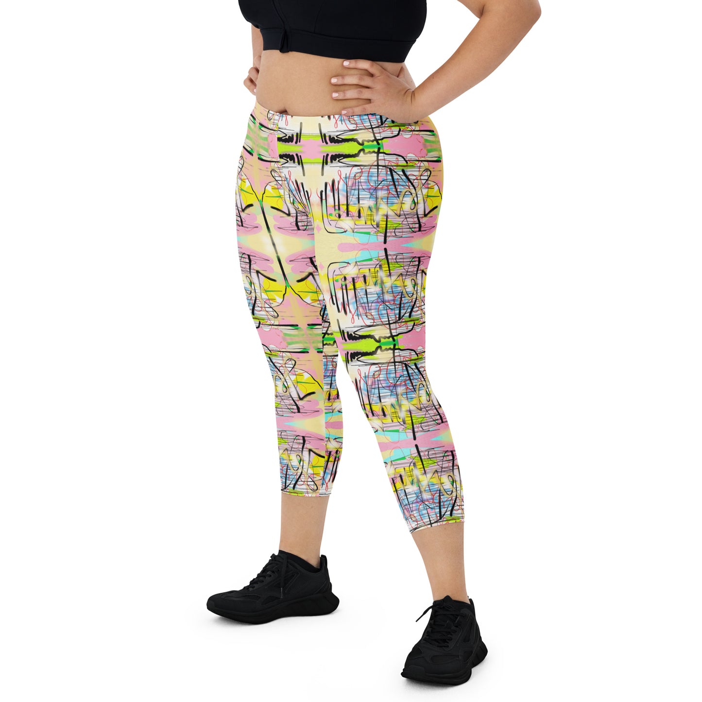 Graffiti Jesus -  Designer Capri Leggings (Black stitches)