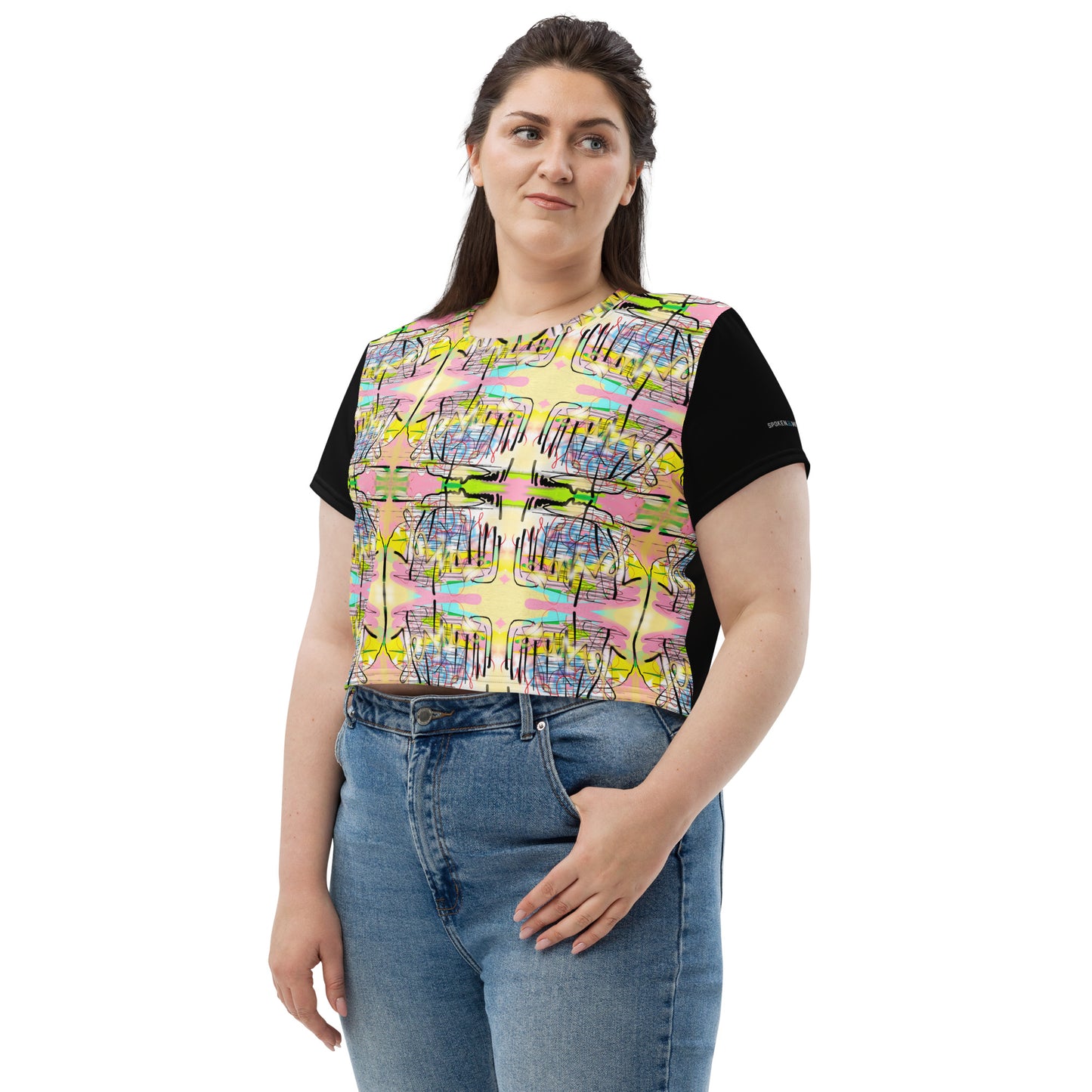 Jesus Graffiti Designer Women's All-Over Print Crop T-Shirt (Black)