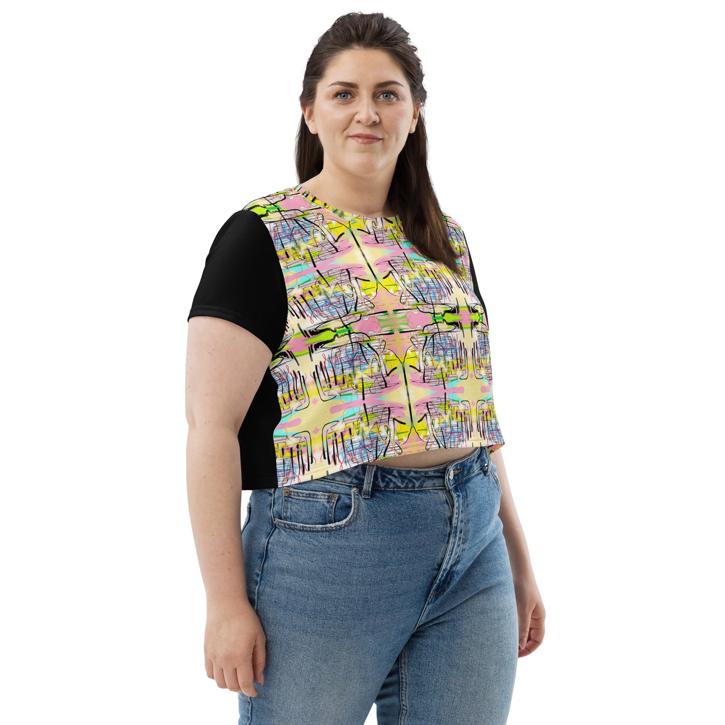 Jesus Graffiti Designer Women's All-Over Print Crop T-Shirt (Black)