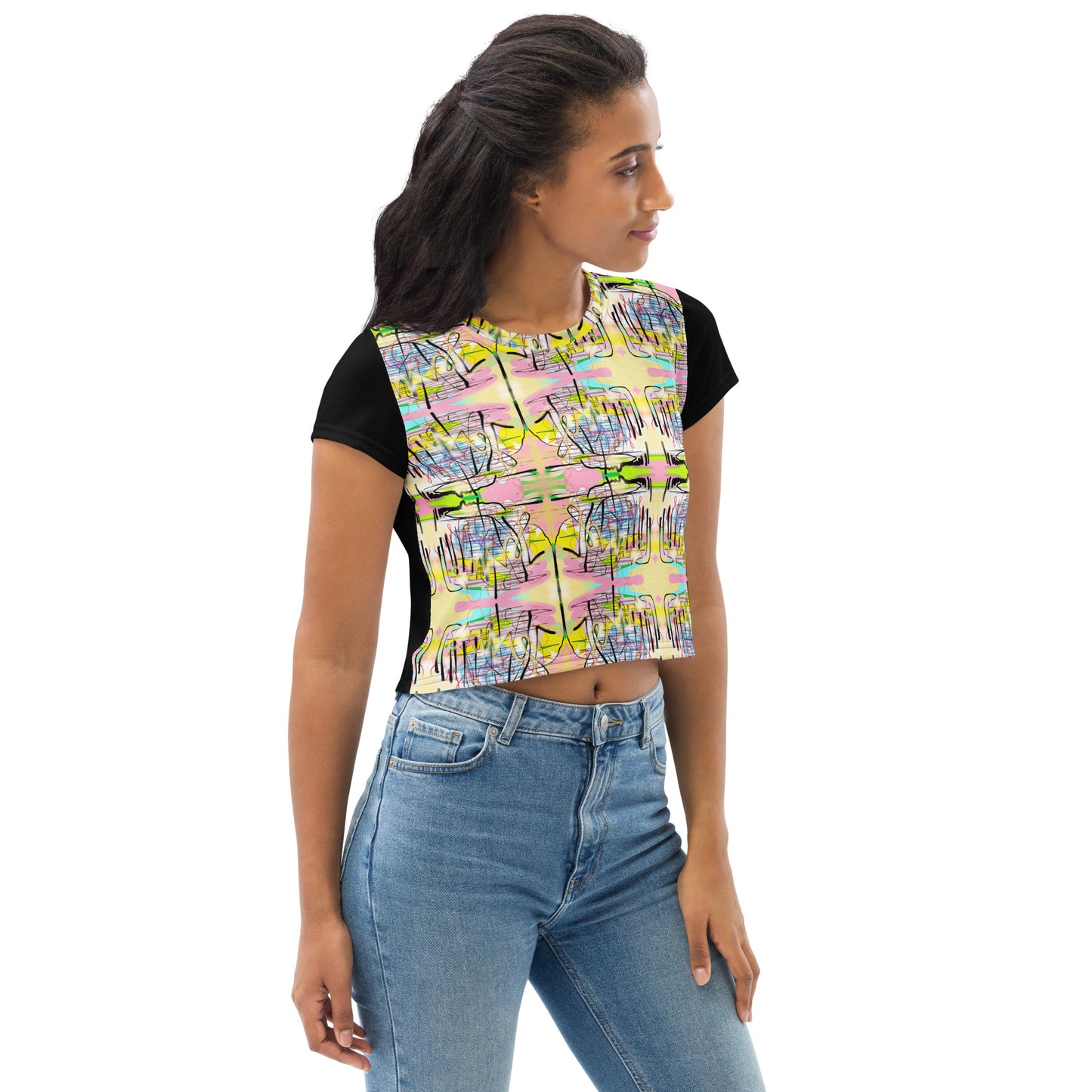 Jesus Graffiti Designer Women's All-Over Print Crop T-Shirt (Black)