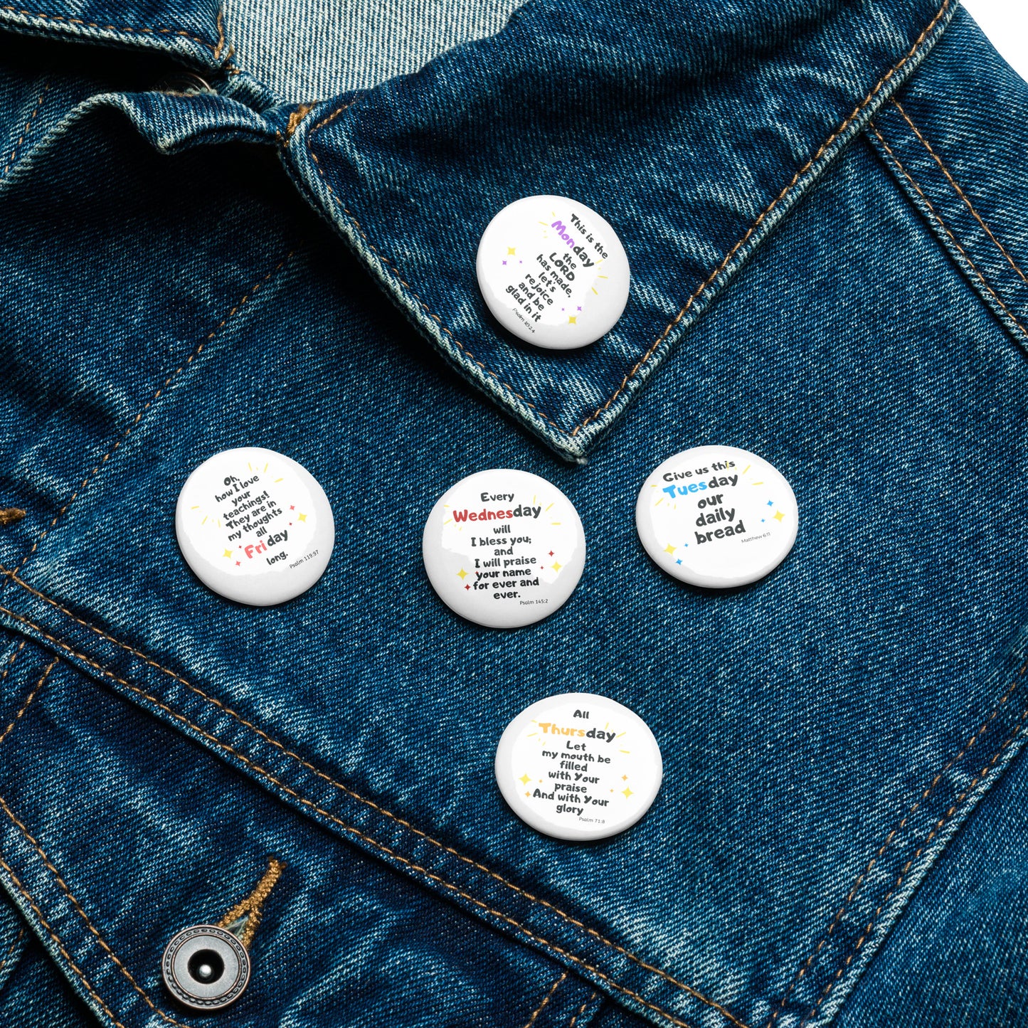 5 Bible Inspired Set of pin buttons - 5 Days of the Week